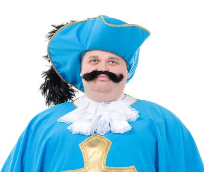 Cavalier gentleman in feathered cap and turquoise blue uniform of the cross, with over a rotund fat belly, isolated on white