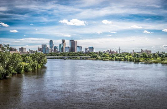 Far view of downtown Minneapolis on Mississippi River