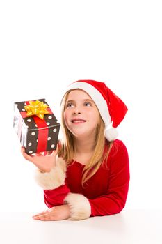 Christmas Santa blond kid girl happy excited with ribbon gift isolated on white background