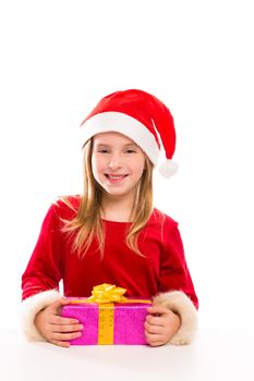 Christmas Santa blond kid girl happy excited with ribbon gift isolated on white background