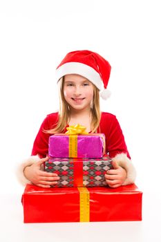 Christmas Santa kid girl happy excited with ribbon gifts isolated on white background