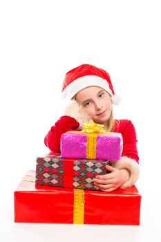 Christmas Santa kid girl happy excited with ribbon gifts isolated on white background