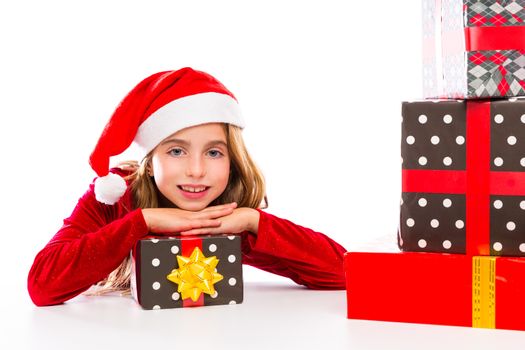 Christmas Santa kid girl happy excited with ribbon gifts isolated on white background