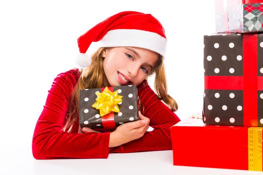 Christmas Santa kid girl happy excited with ribbon gifts isolated on white background