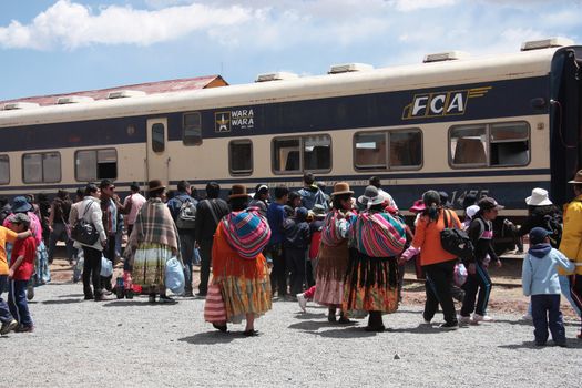 Crowd at the Tiwanaku Train station in Bolivia, South America