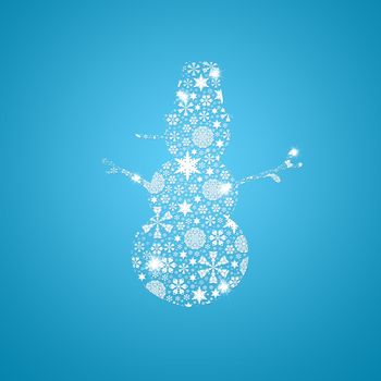Silhouette snowman. Christmas card. Silhouette filled with small snowflakes