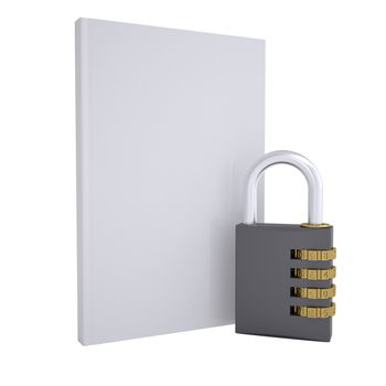 Combination lock and white book. Isolated render on a white background