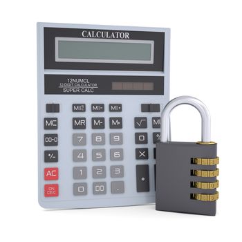 Combination lock and a calculator. Isolated render on a white background