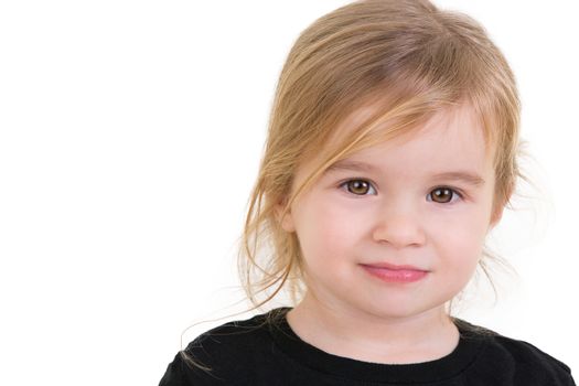 Cute happy baby is looking in to your eyes fearless and freely with her big brown eyes, Isolated on white.