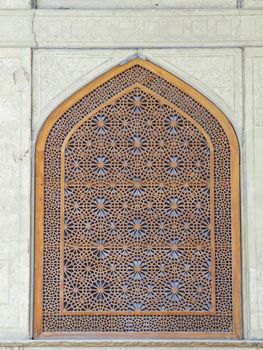 Islamic pattern woodern screen window in Chehel Sotoun (Sotoon) Palace built by Shah Abbas II, Isfahan, Iran