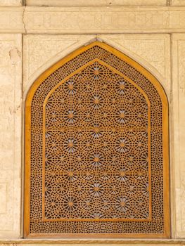 Islamic pattern woodern screen window in Chehel Sotoun (Sotoon) Palace built by Shah Abbas II, Isfahan, Iran