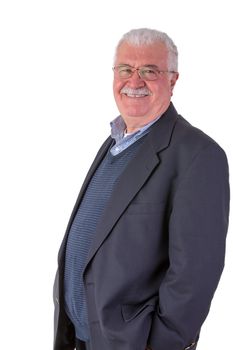 Gray hair senior with mustache adult looking at you genuinely happy and satisfactory with his glasses and his dark blue suit