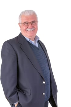 White hair senior adult looking at you smiling and satisfactorily with his glasses and his dark blue suit