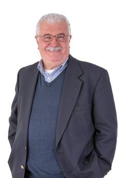 White hair senior adult with mustache looking at you smiling and satisfactorily with his glasses wearing dark blue suit