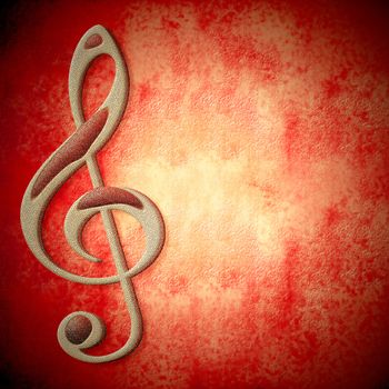 musical symbol on metal, red background texture with empty space for writing