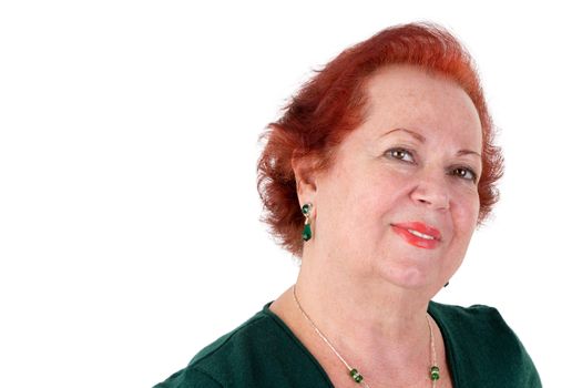 Mature adult lady with red hair looking in to your eyes meaningful and kindly, isolated on white