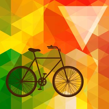 Silhouette of an old bicycle on a colorful mosaic background made of triangle shapes.
