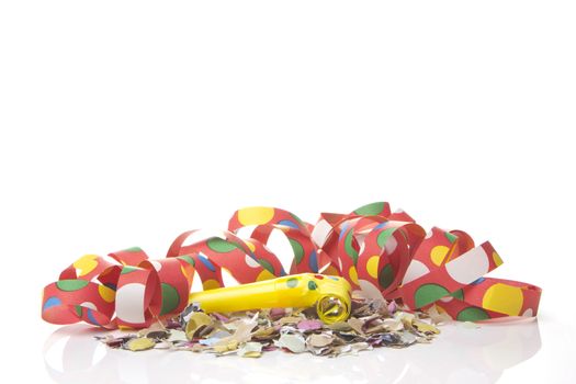 streamers and confetti as decoration for parties, sylvester with white background 