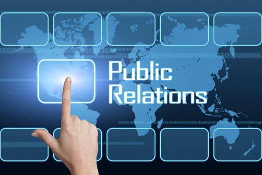 Public Relations concept with interface and world map on blue background