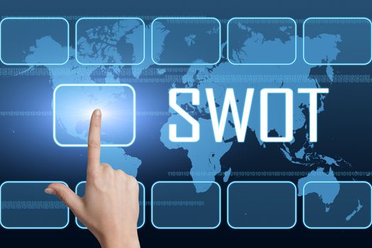 SWOT for strengths, weaknesses, opportunities and threats concept with interface and world map on blue background