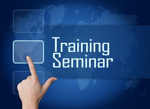 Training Seminar concept with interface and world map on blue background