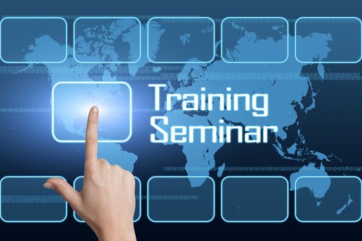 Training Seminar concept with interface and world map on blue background