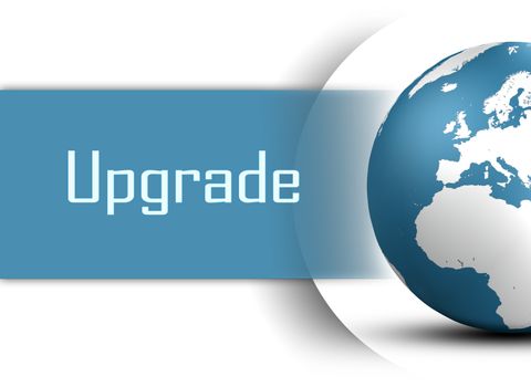 Upgrade concept with globe on white background