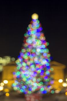 Christmas Holiday Tree at Pioneer Courthouse Square in Portland Oregon Downtown Blurred Defocused Bokeh Colorful Lights at Night