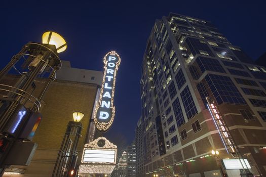 Broadway Portland Oregon Downtown Entertainment District at Evening Blue Hour with Blank Marquee Sign