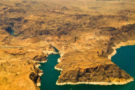 An aerial view of the Hoover Dam and the Colorado River.
