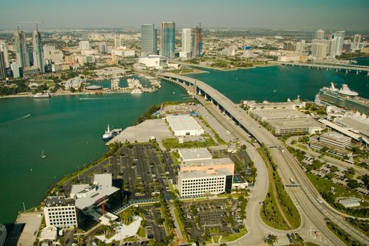 Aerial view of Miami downtown with roads and bridges.