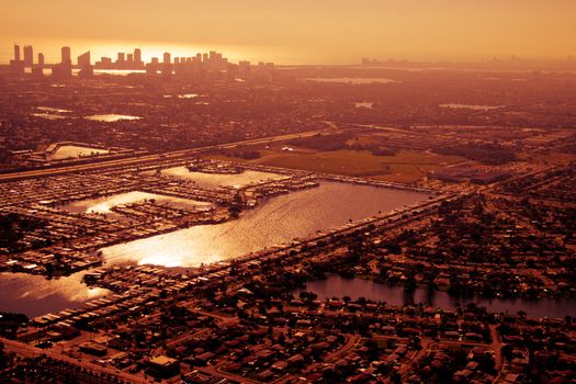 An aerial view of Miami on a golden afternoon.