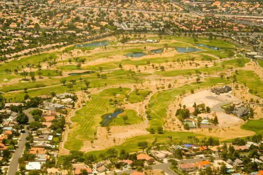 Aerial view of a town with park