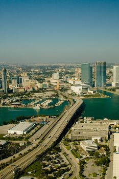 Aerial view of buildings in a city at the waterfront, Port Boulevard, Miami, Miami-Dade County, Florida, USA