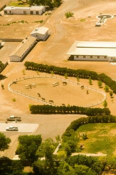 An aerial view of a farm with few horses in Las Vegas, USA.