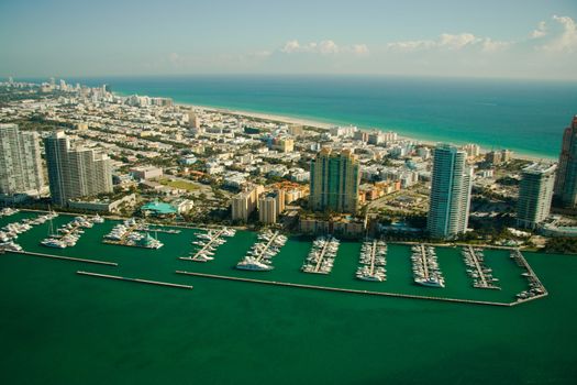 An aerial view of marina with boats in Miami, Florida.