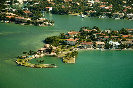 An aerial view over residential area in Miami, Florida.