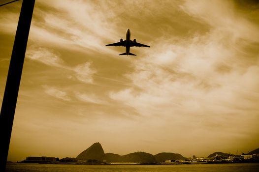 View of an airplane flying over the city of Rio de Janeiro, Brazil