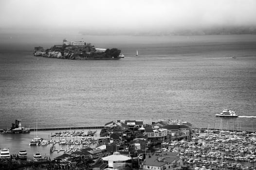 Alcatraz and the Pier 39 as seen from the Coit Tower, San Francisco, California, USA