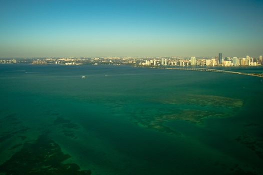 Aerial view of the Atlantic Ocean with Miami city in the background, Miami-Dade County, Florida, USA