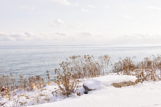 Snowy winter shore of lake Ontario in Sylvan park Toronto