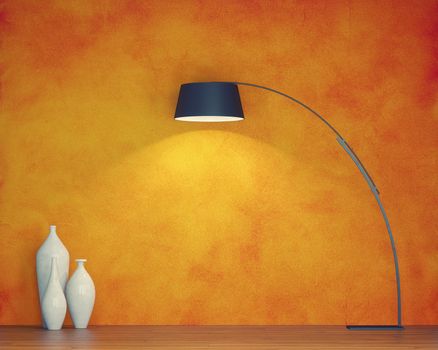 modern interior with orange wall and floor lamp