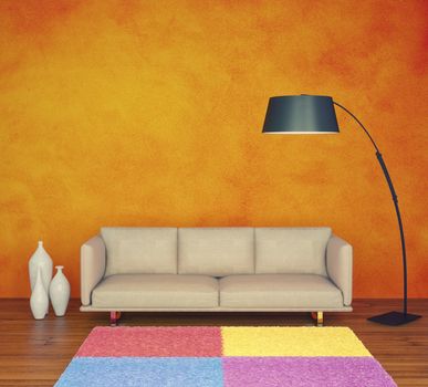 modern interior with orange wall