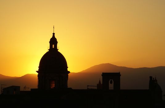 Palermo view at sunset with cathedral dome 