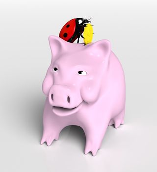 view of a ladybug on top of a piggy bank that stands up and puts a golden coin into its slot, on a neutral background