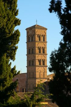 Low angle view of a bell tower of a church, Santa Francesca Romana, Rome, Lazio, Italy