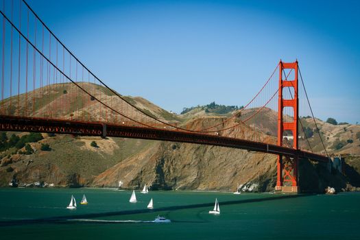 Golden Gate Bridge with mountain range in the background, San Francisco Bay, San Francisco, California, USA