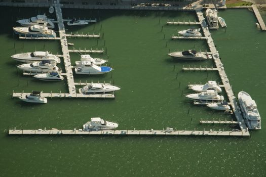 Overhead view of boats moored in marina, Miami, Florida, U.S.A.