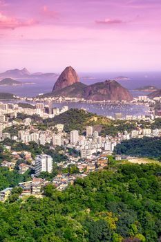 Aerial view of buildings on the beach front with Sugarloaf Mountain in the background, Botafogo, Guanabara Bay, Rio De Janeiro, Brazil