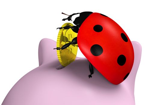 closeup of a ladybird on top of a piggy bank that stands up and puts a golden coin into its slot, on a white background